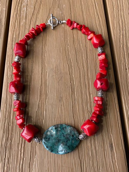 Red Coral & Tibetan Turquoise Necklace – Crystal & Pearl Co