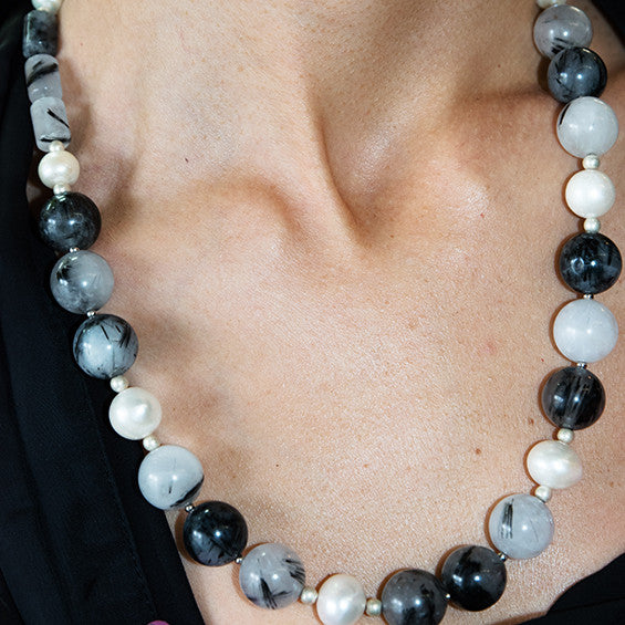 Black Tourmaline in Quartz Necklace separated with a tiny Cultured White Pearl