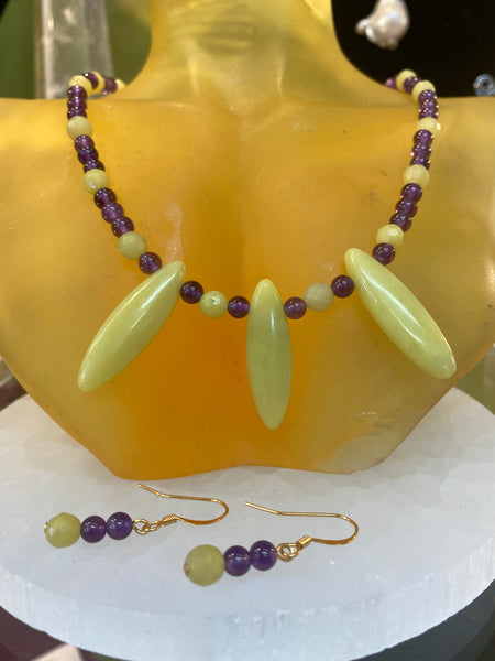 Yellow Jasper with Amethyst Necklace & Earings